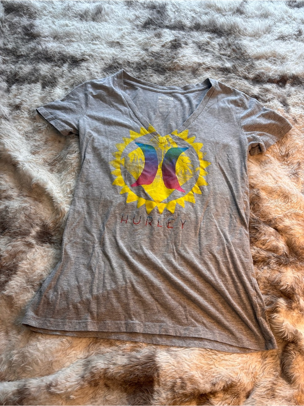 Hurley Gray V-Neck Tee with Yellow Sun Logo
